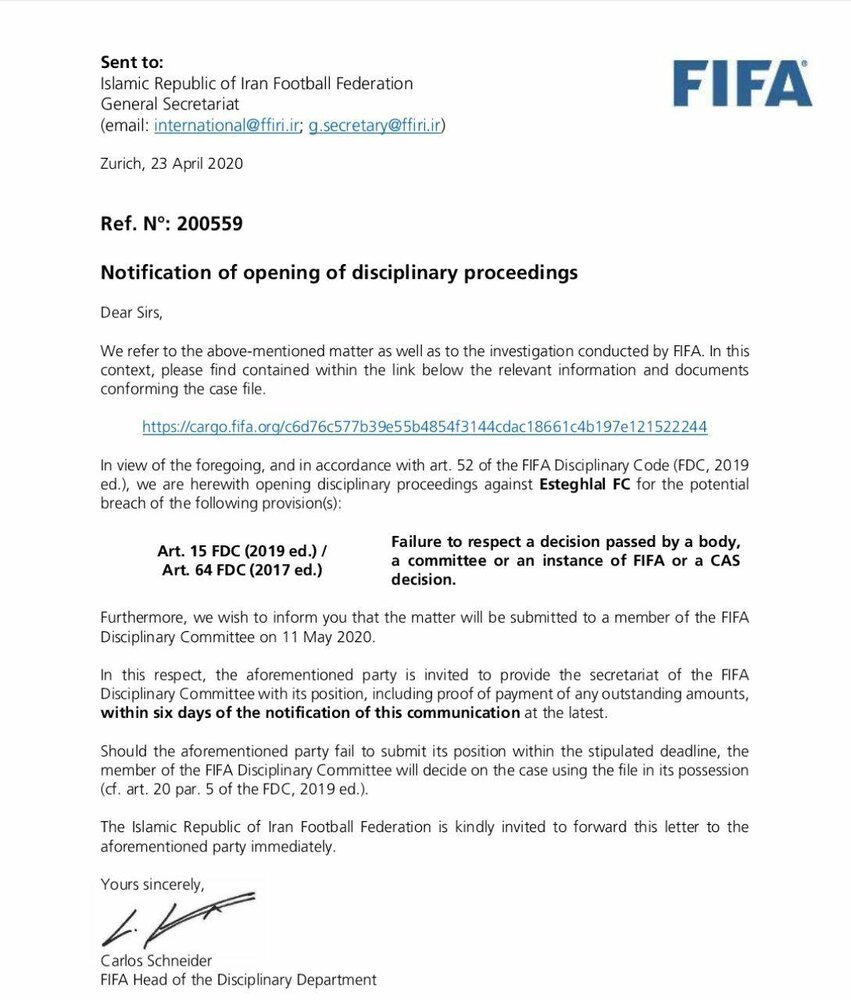 فیفا رسما باشگاه استقلال را تهدید کرد